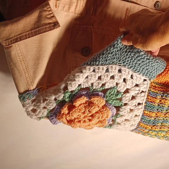 Upcycled Peach Granny Square Crochet Sleeve Denim Jacket, Sz S, 19" PTP, 20"L - Picture 2 of 6